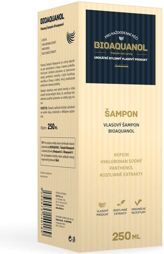 Bioaquanol šampon 250ml Původní vzorec kombinující účinky léčebných látek: - Kofein stimuluje mikrocirkulaci v pokožce, čímž stimuluje látkovou výměnu a...