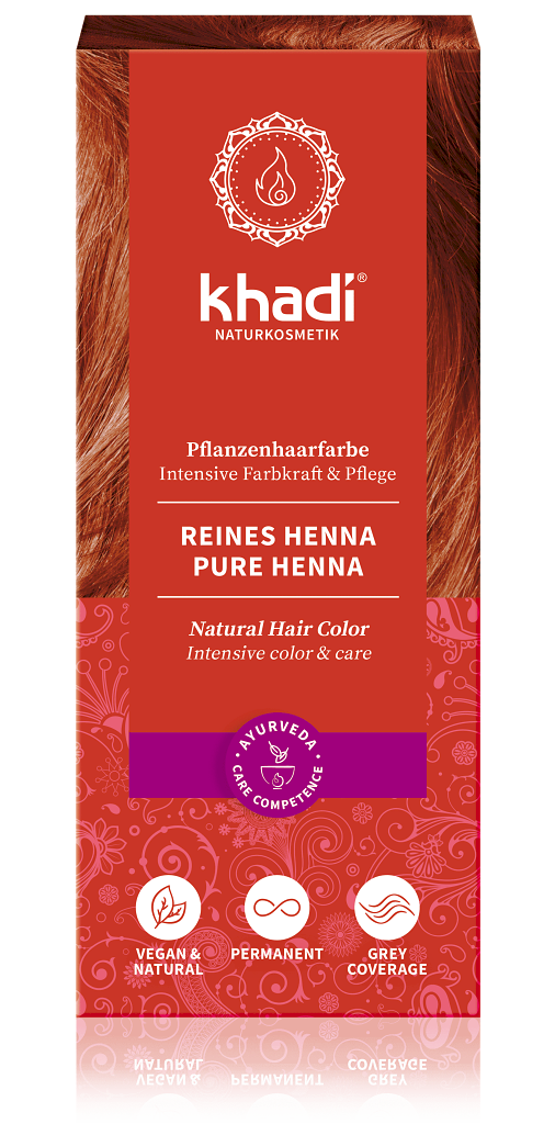 Rostlinná barva na vlasy Khadi Pure Henna 100g Rostlinná barva Khadi, PURE HENNA barví vlasy na oranžovo až červeno v závislosti na přirozené barvě vlasů. Barví světlé blond vlasy d...